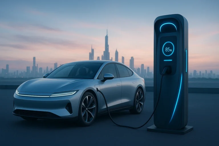 A futuristic silver electric vehicle connected to a modern blue-lit charging station with a city skyline in the background - The Solid-State Battery Revolution