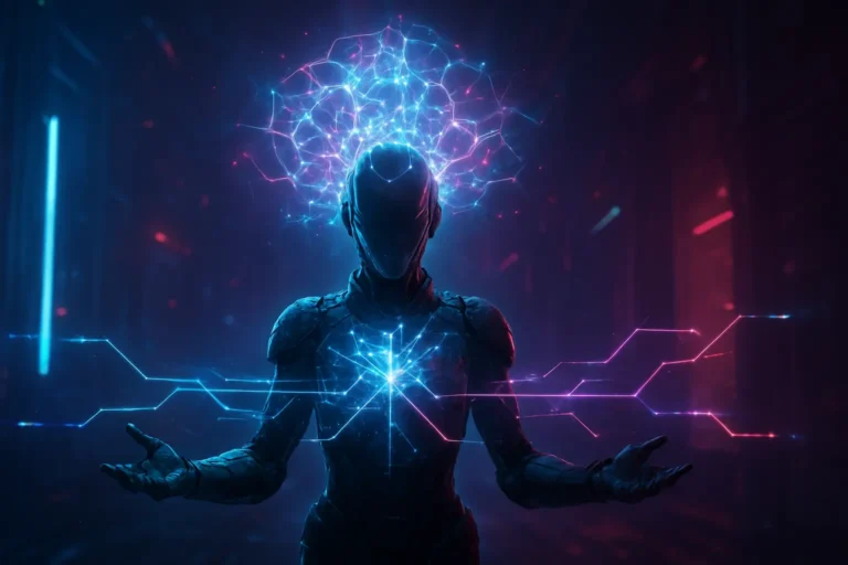 Futuristic sci-fi NPC with glowing quantum network and digital decision paths in neon lighting - The Quantum AI NPC Revolution and the Future of Video Games