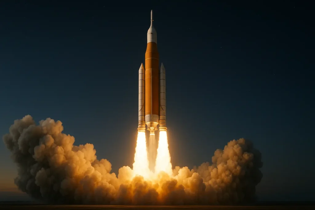 A powerful heavy-lift rocket launching into space at night with bright engine flames and rising smoke clouds.