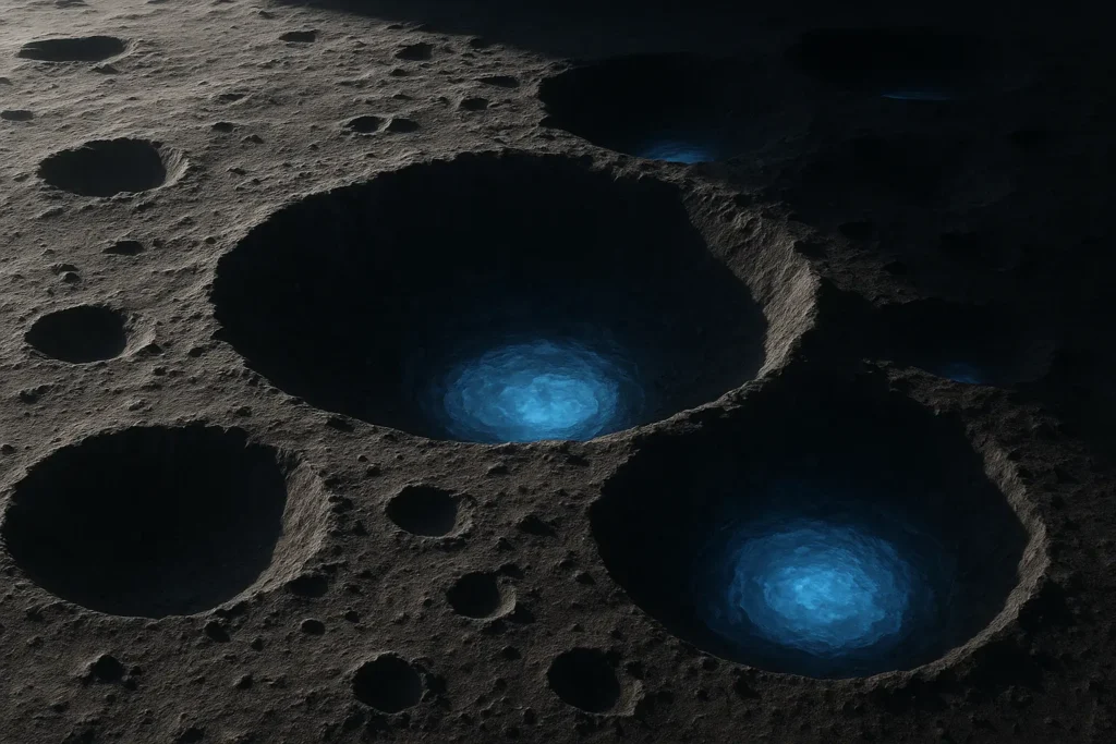 Dark lunar surface with deep craters illuminated by glowing blue light, depicting possible ice deposits in permanently shadowed regions of the Moon.