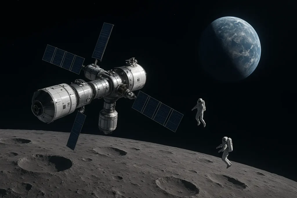 Astronauts conducting a spacewalk near a lunar-orbit space station with the Moon’s surface and Earth visible in the background.