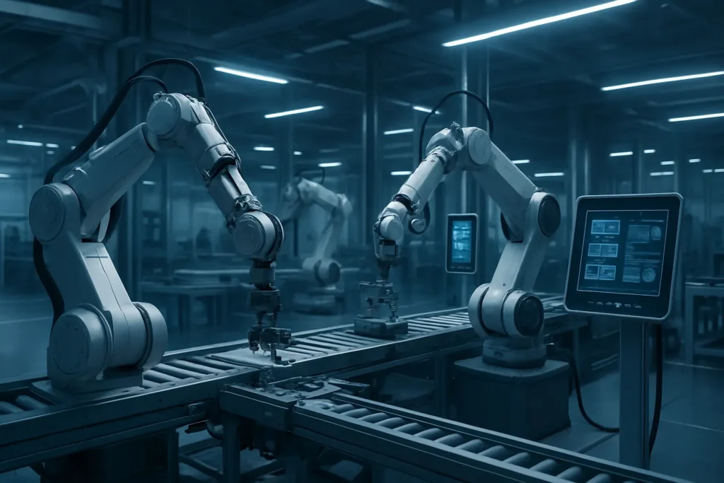 Robotic arms assembling parts in a modern automated factory.