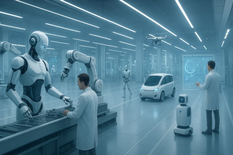 Futuristic robots and humans working together in a smart high-tech factory - How Robotics And Automation Are Changing The Future