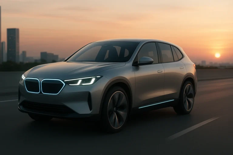 Modern electric SUV driving on a highway at sunset with illuminated LED front lights - BMW iX3 2025
