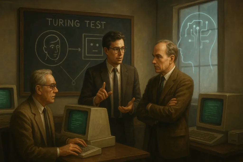 Vintage research room with early computer scientists discussing artificial intelligence and glowing old computer terminals