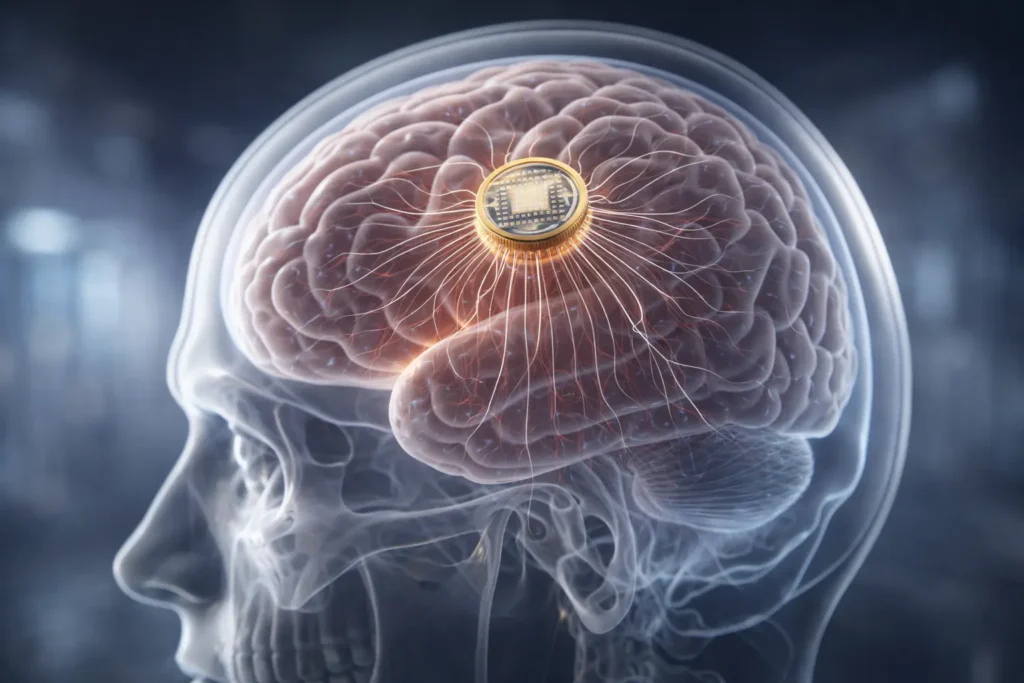 Brain implant with neural electrode threads inside human skull