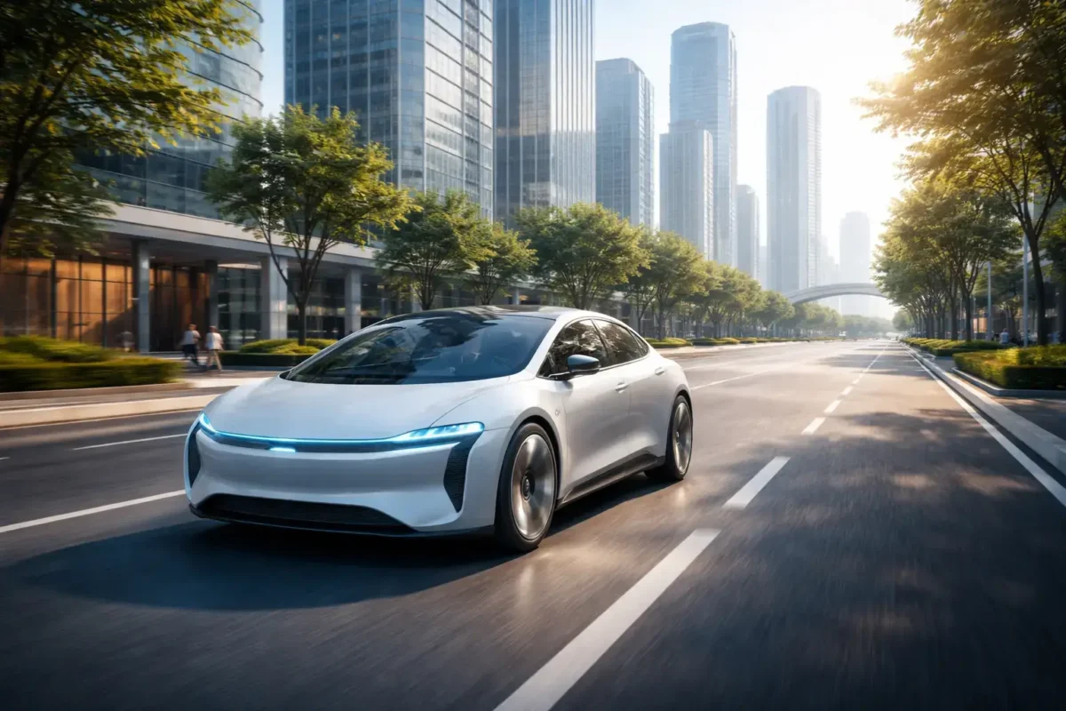 Futuristic electric car driving through a modern city - Autonomous Vehicle Technology and How It Works