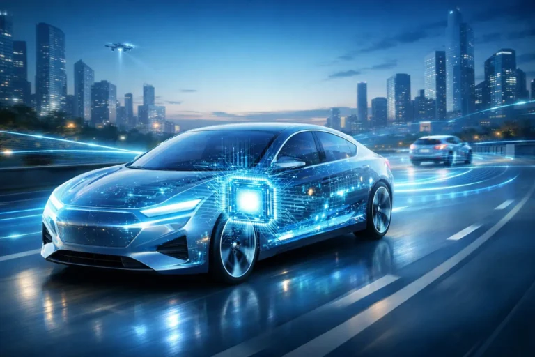 Futuristic autonomous electric car with transparent body showing AI chip in a smart city - Why Automakers Are Building Their Own AI Chips for Autonomous Vehicles