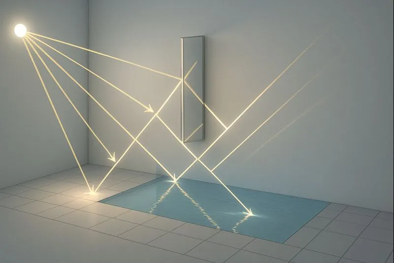 Educational 3D visualization of light rays showing reflection, diffusion, and soft shadows