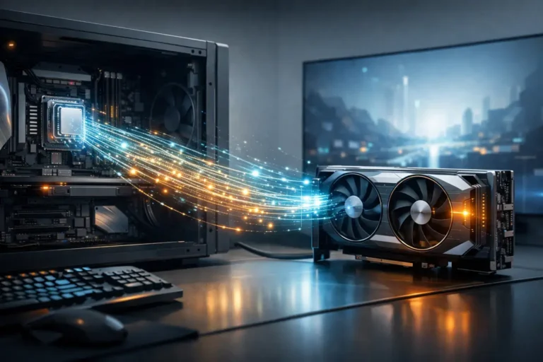 3D illustration showing data flow between CPU and GPU in a modern gaming PC - What is DirectX