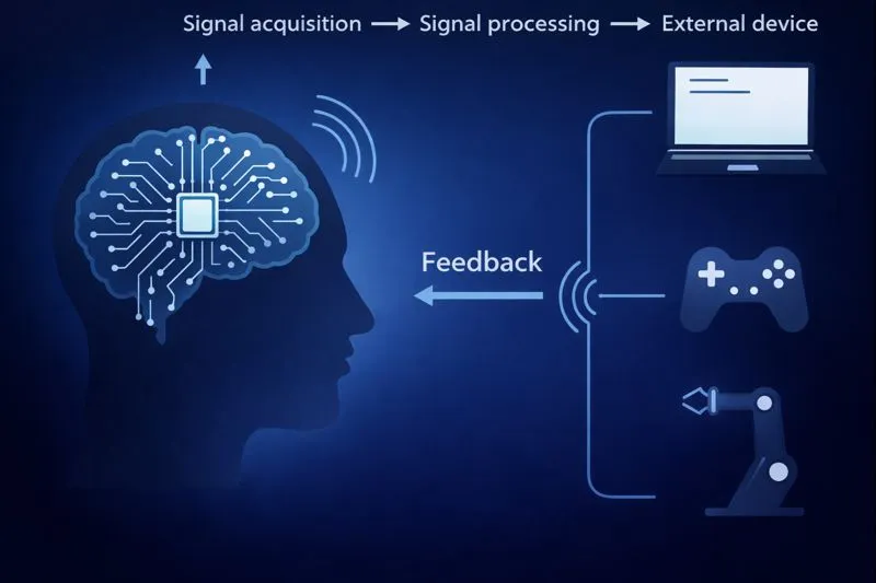 Brain-computer interface concept showing neural signals controlling digital devices