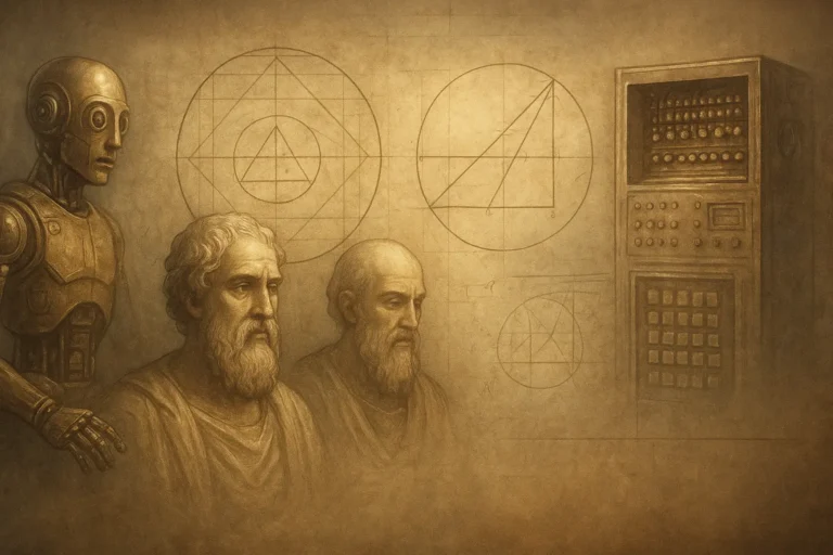 Futuristic historical collage showing ancient automata, philosophers, geometric diagrams, and an early computer in a timeline composition - The History of AI