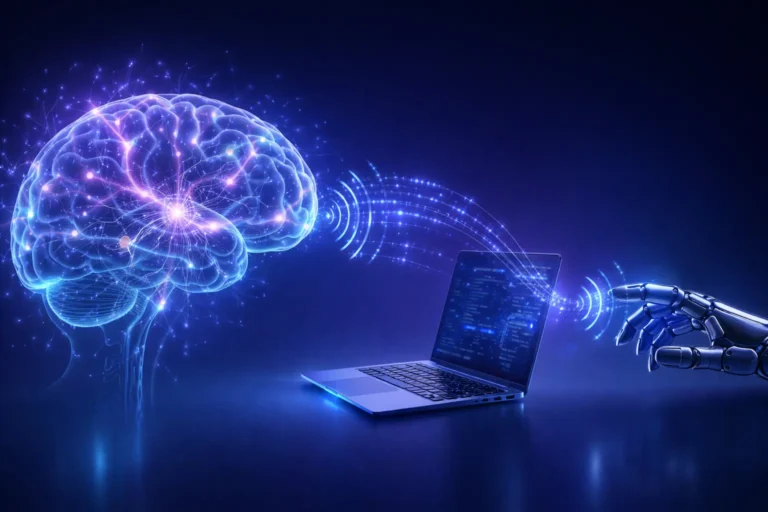 Human brain neural signals connecting wirelessly to computer and robotics - Neuralink Brain Chip Functionality and Future Outlook