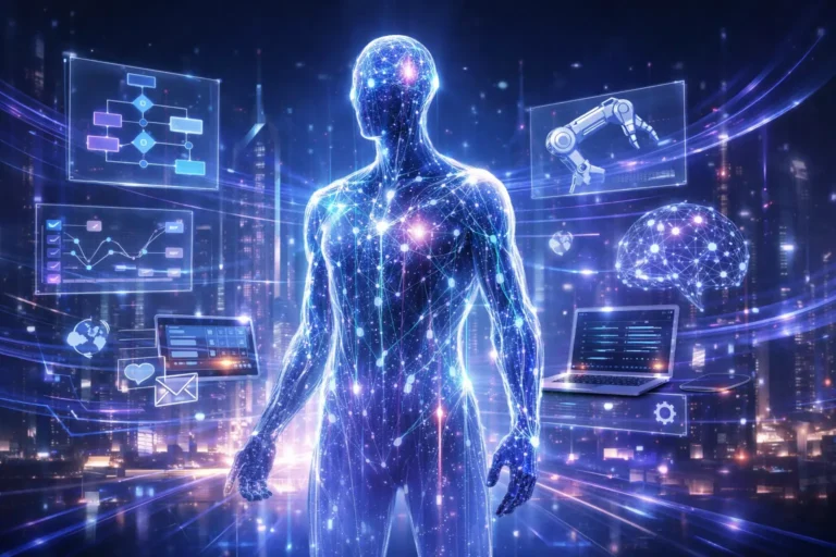 Futuristic agentic AI operating in a glowing smart city - What is Agentic AI ?