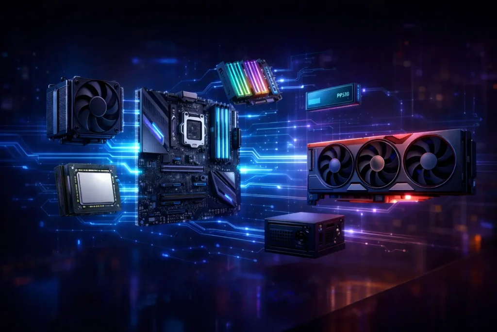 Exploded view of a modern gaming PC showing CPU, GPU, motherboard, RAM, SSD, CPU fan and PSU-Future-Proof Gaming PC Build for 2026