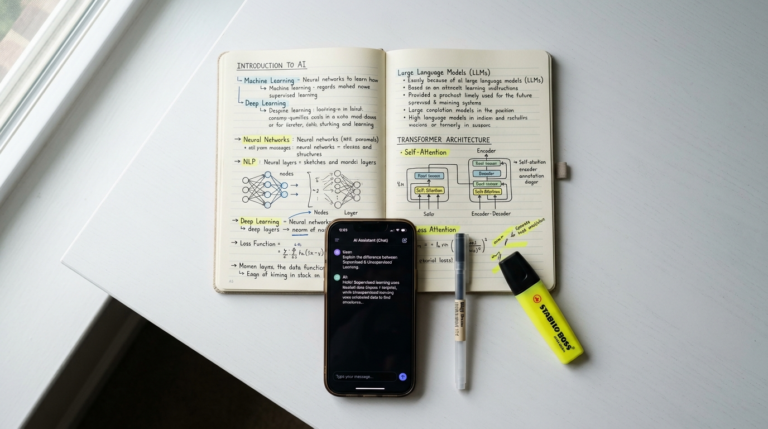 Active recall prompt with AI chat and handwritten study notes on a white desk