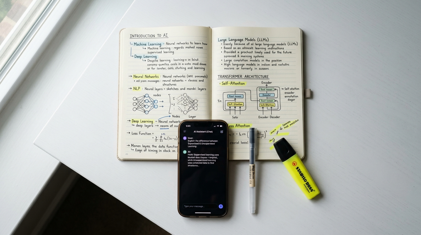 Active recall prompt with AI chat and handwritten study notes on a white desk