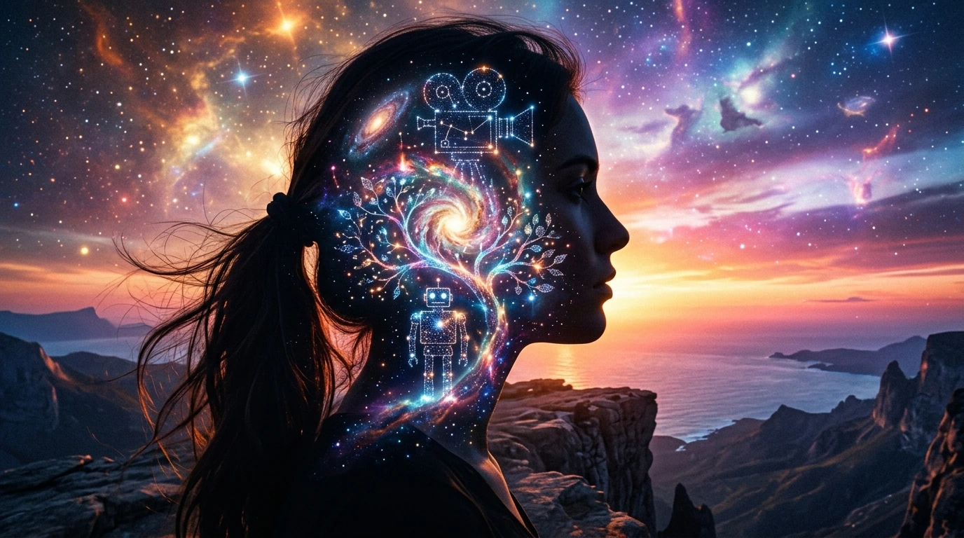 Woman silhouette with a cosmic galaxy and creative symbols inside her head representing AI image generation.