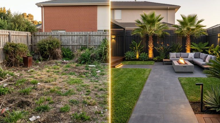 AI landscaping transformation prompt showing before and after backyard makeover
