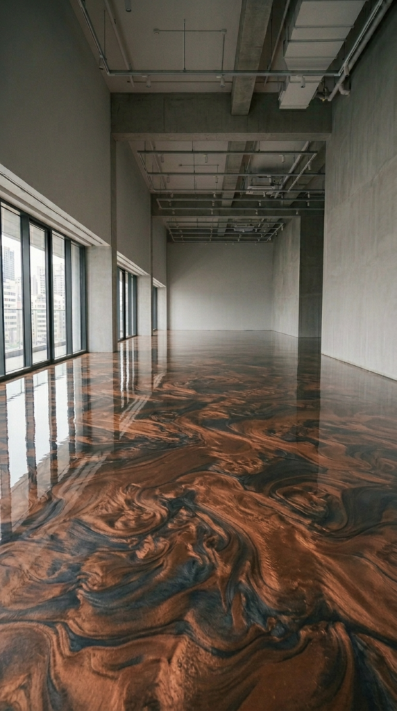 Copper and black metallic epoxy floor in industrial interior space