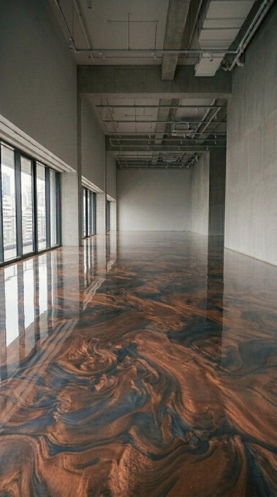 Decorative epoxy resin swirl floor in a concrete industrial building