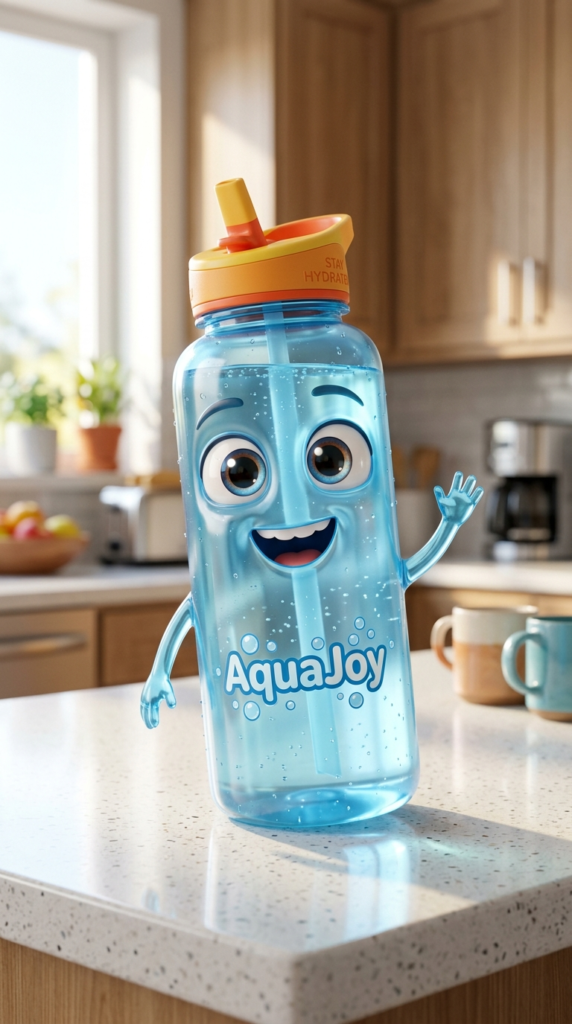 A friendly, animated blue water bottle character named "AquaJoy" with big eyes and a happy expression, waving its hand while sitting on a kitchen counter.