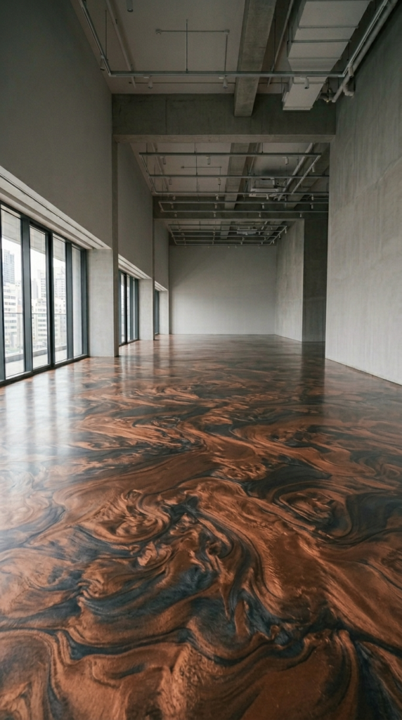 High-gloss copper and black epoxy swirl floor in empty commercial space