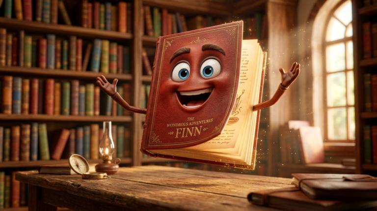 Detailed 3D render of a happy, magical book in a cozy library.