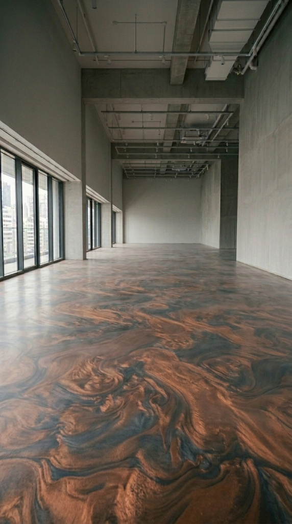 Metallic epoxy marble-effect floor in a large open-plan interior