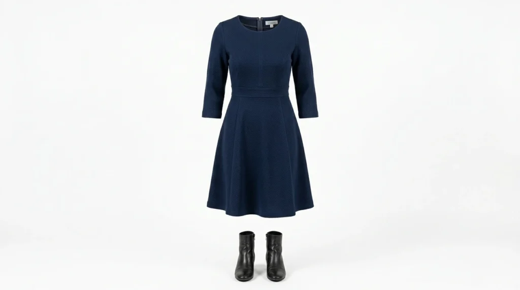 Navy blue textured three quarter sleeve skater dress with black ankle boots on white background