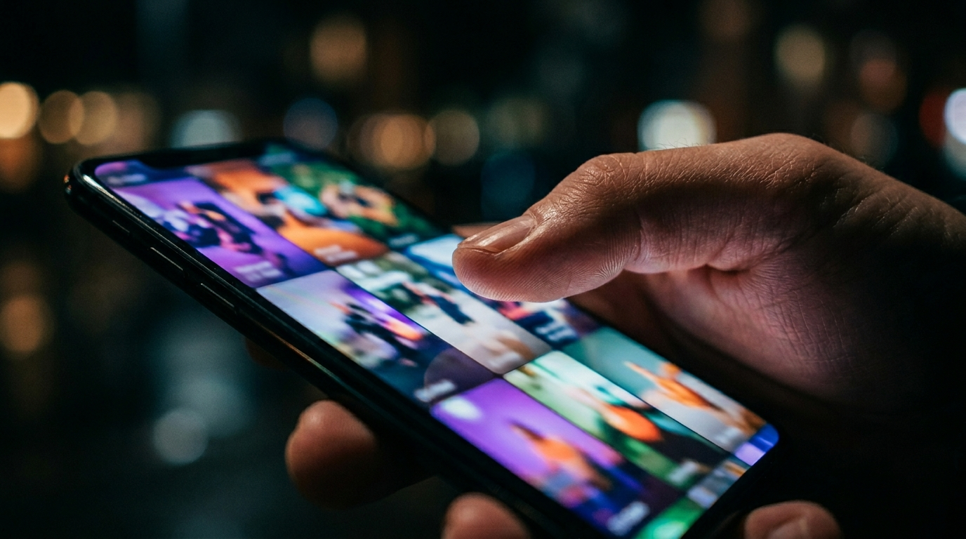 A close-up of a thumb swiping on a smartphone screen with colorful short-form video thumbnails, representing short-form video scripts for TikTok Reels and YouTube Shorts