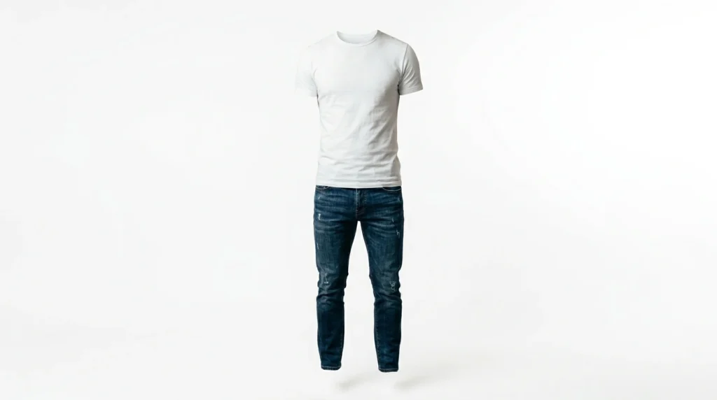 White crew neck t-shirt and dark blue distressed slim fit jeans outfit on white background