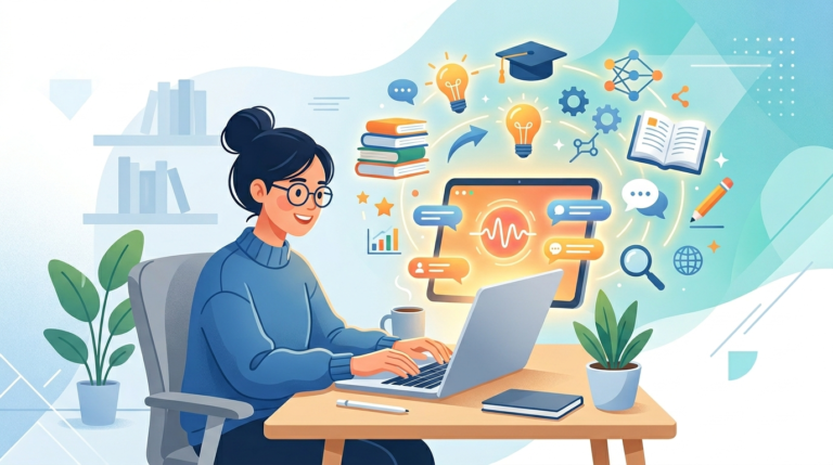 Person using an adaptive AI tutor on a laptop with learning icons