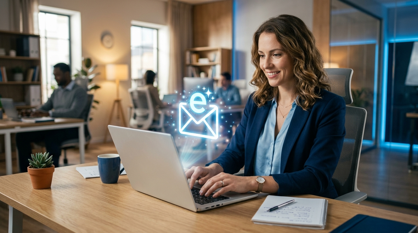 Professional using AI email refiner on laptop in modern office