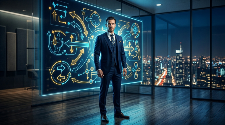 Business consultant analyzing inversion thinking strategy on a digital board