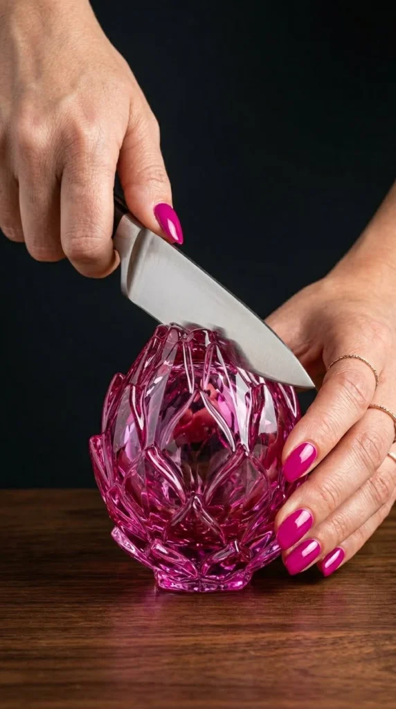 Magenta glass dragon fruit being sliced with knife, macro ASMR scene