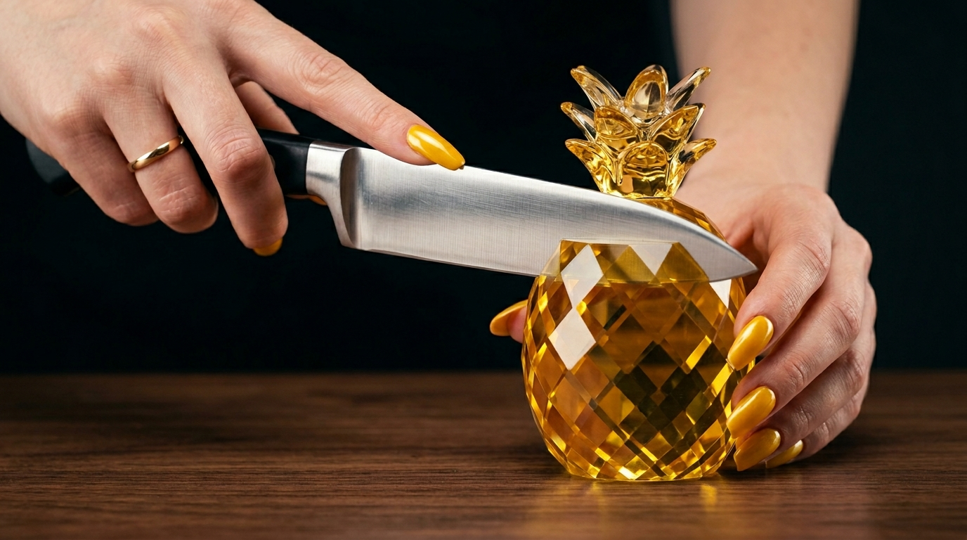 Crystal glass pineapple sculpture being cut with a knife, ASMR AI video prompt