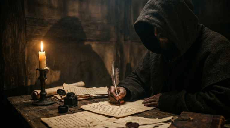 Shadowy hooded figure writing mystery script by candlelight
