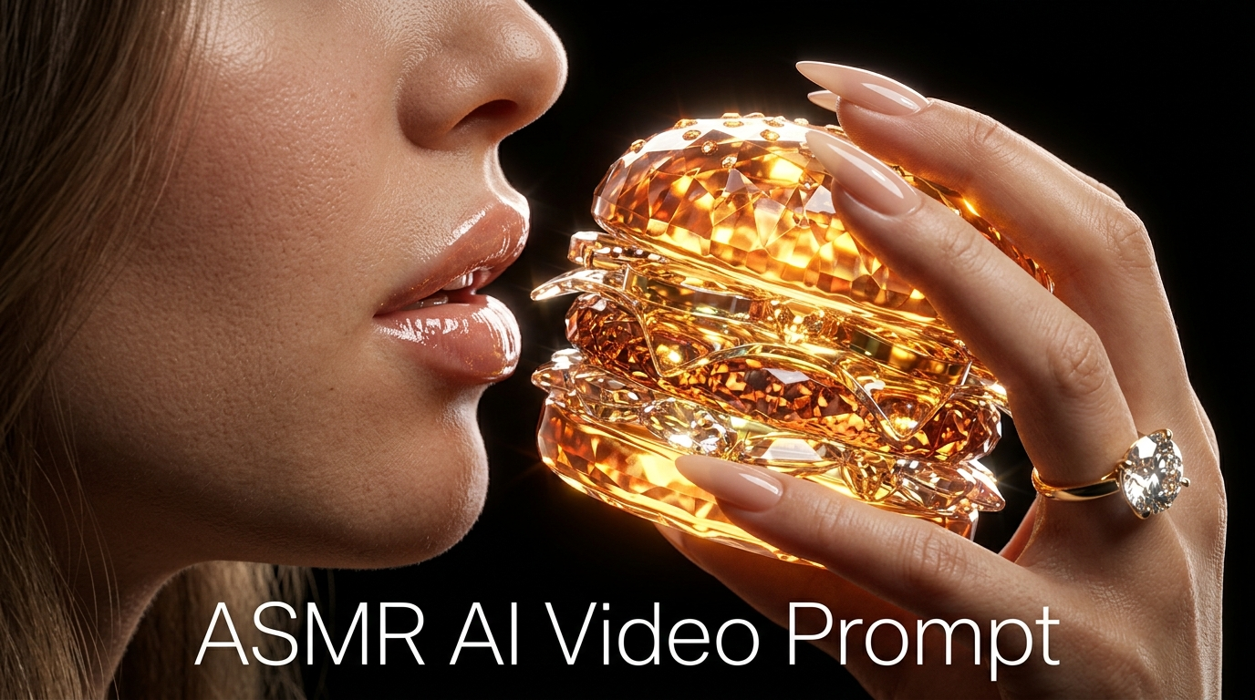 Crystalline ASMR eating AI video prompt featuring a glowing burger with glossy lips and diamond ring on black background.
