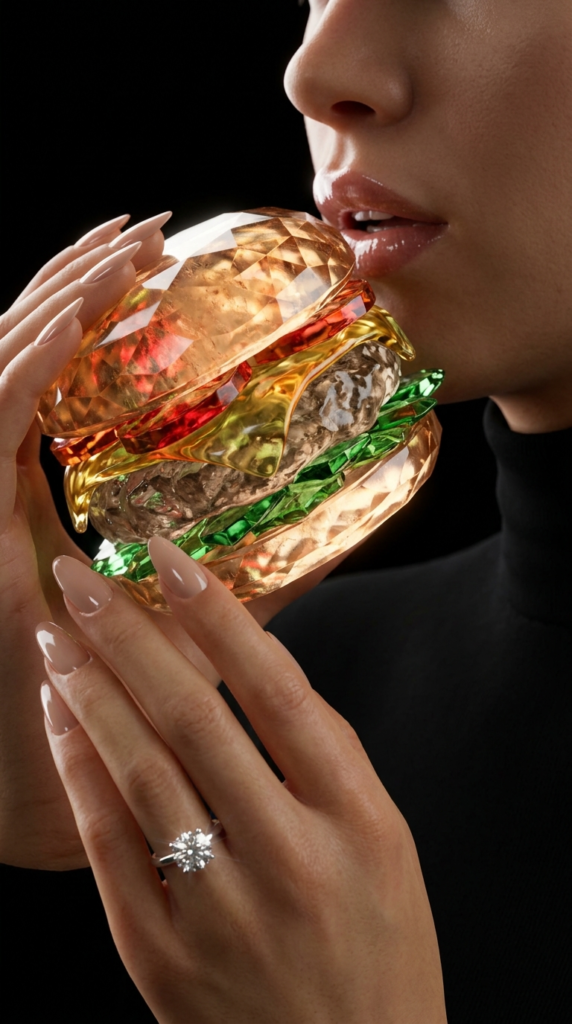 AI generated crystalline burger held near glossy lips with diamond ring and nude nails on black background.