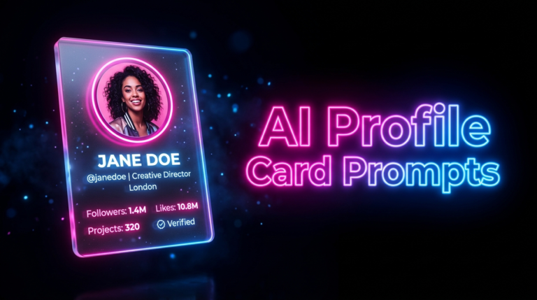Neon 3D floating acrylic social media profile card prompt with glowing pink and blue AI generated design
